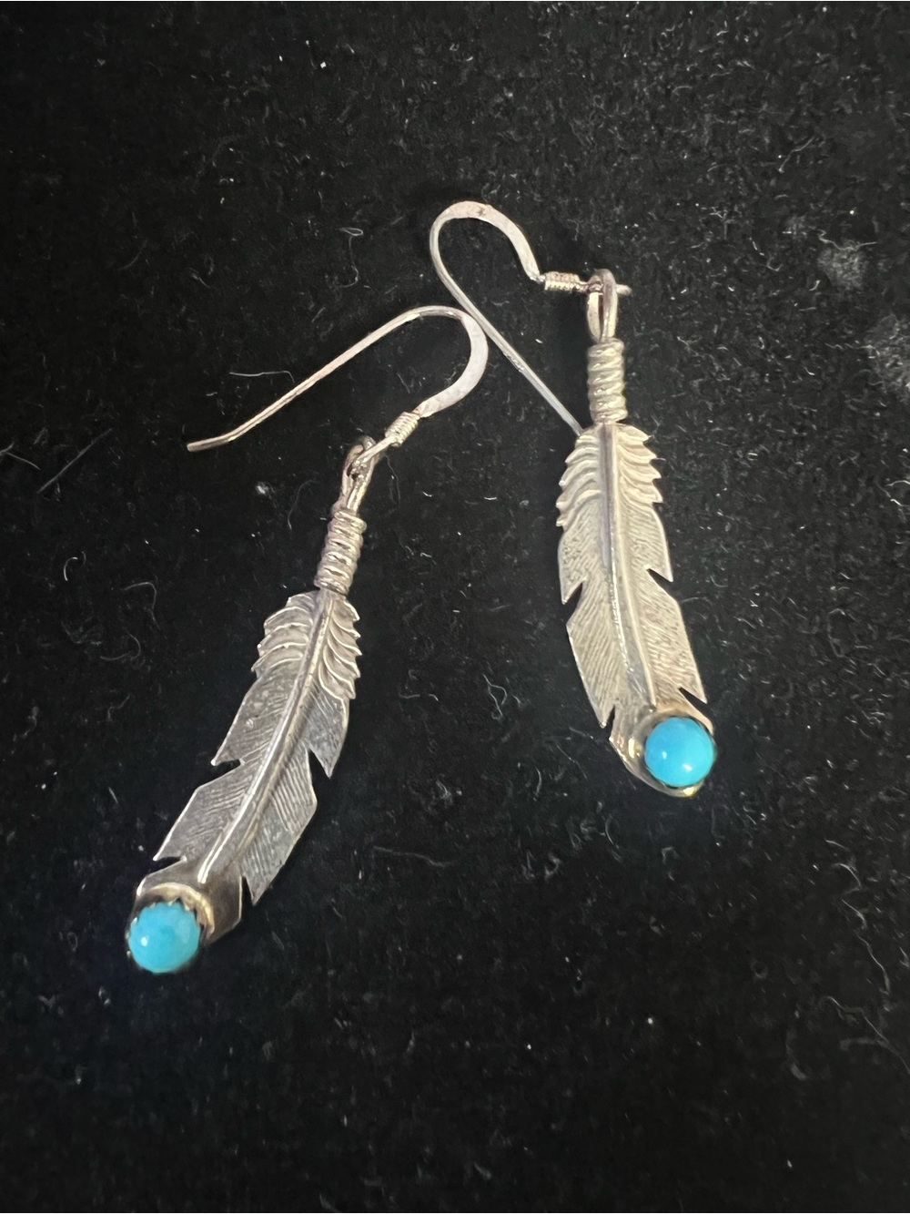 925 STERLING SILVER VINTAGE TURQUOISE FEATHER DANGLE EARRINGS